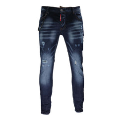 ICON, Gewassen Blauwe Jeans met Slijtage Details en Rood Ritslabel