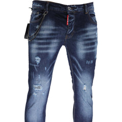 ICON, Gewassen Blauwe Jeans met Slijtage Details en Rood Ritslabel