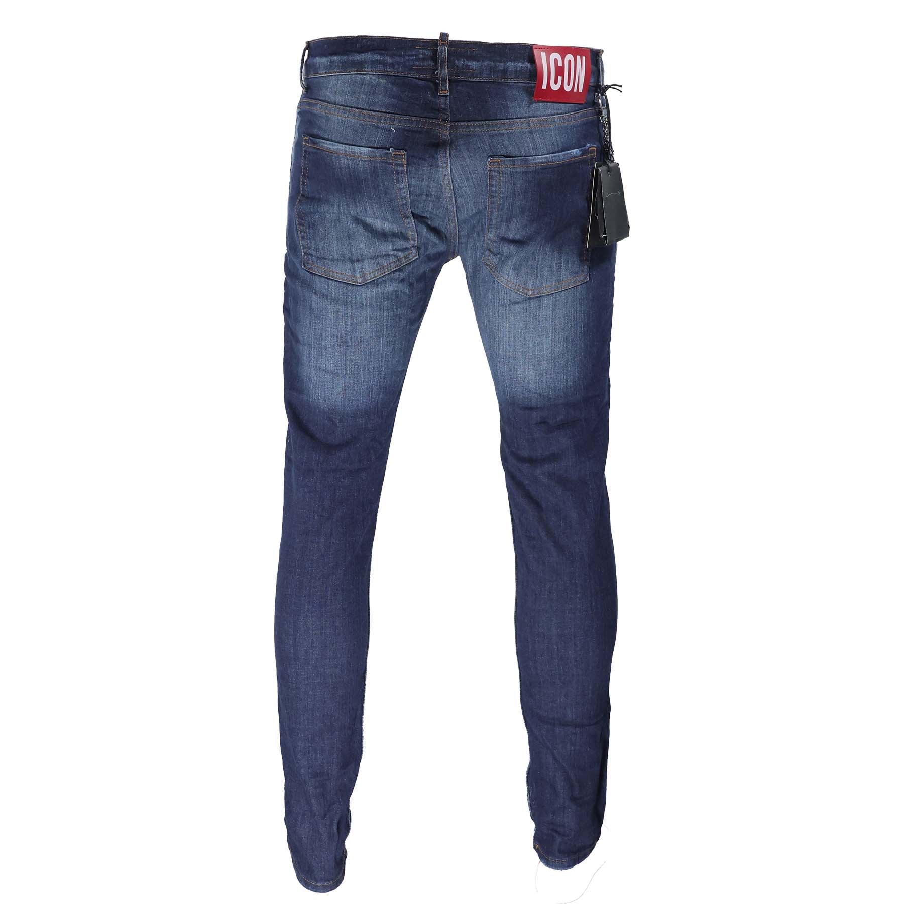 ICON, Gewassen Blauwe Jeans met Slijtage Details en Rood Ritslabel