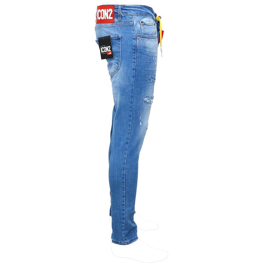 ICON  Heren Blauw Jeans met Stretch en Verfspatten Detail