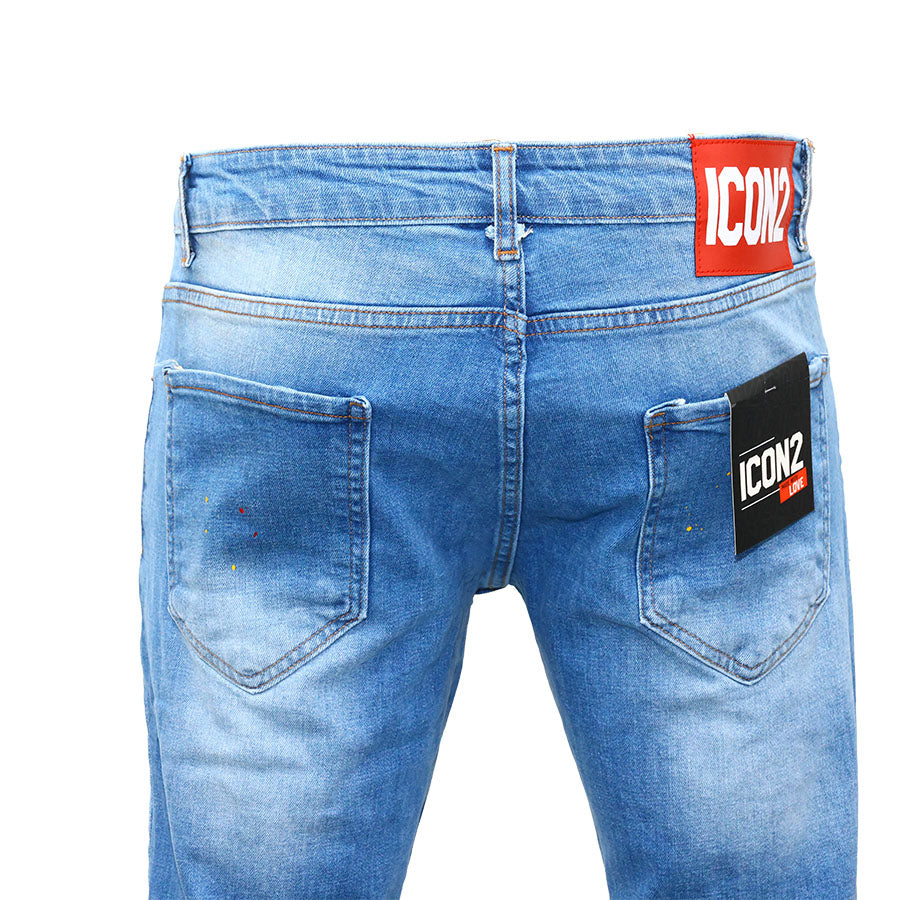 ICON  Heren Blauw Jeans met Stretch en Verfspatten Detail