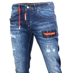 ICON Heren Jeans - Artistiek Blauw met Stretch en Kleurspat Details