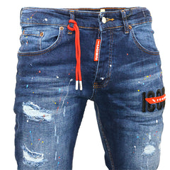 ICON Heren Jeans - Artistiek Blauw met Stretch en Kleurspat Details